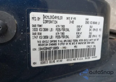 2002 Dodge Durango Sport из США, поврежденный, VIN 1B4HS38N02F168054